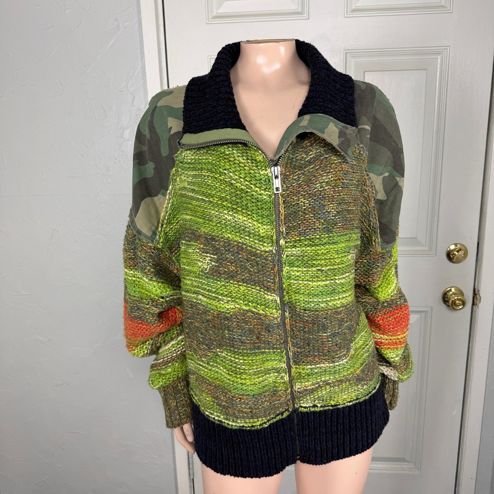 Free People Camo Clash Bomber Women's sweater Large Cotton Knit Cardigan zip Z15
